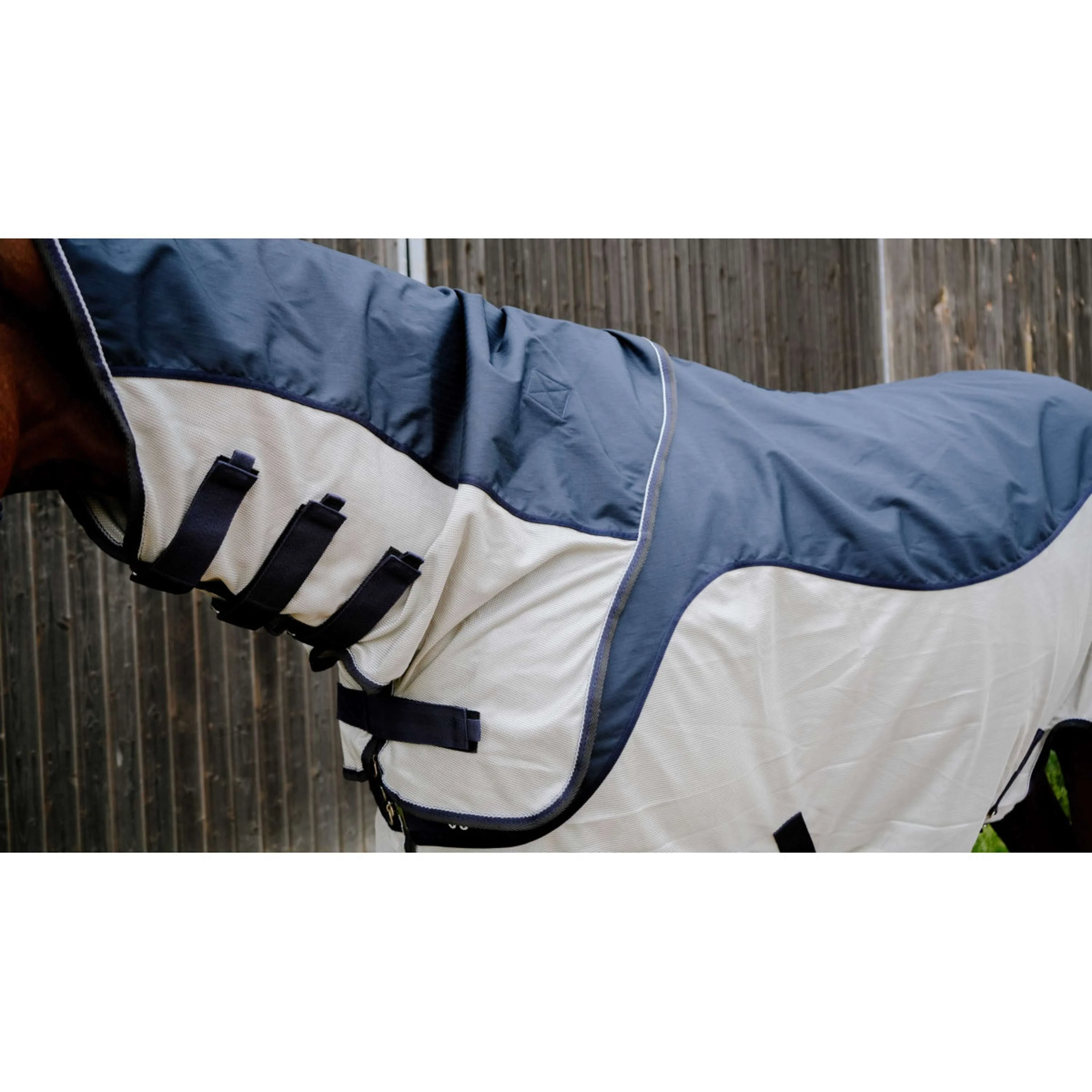 EQUITHÈME Couverture Anti-Mouches TYREX Combofly 600D avec Couvre-cou Navy Blue/Grey - Image 2