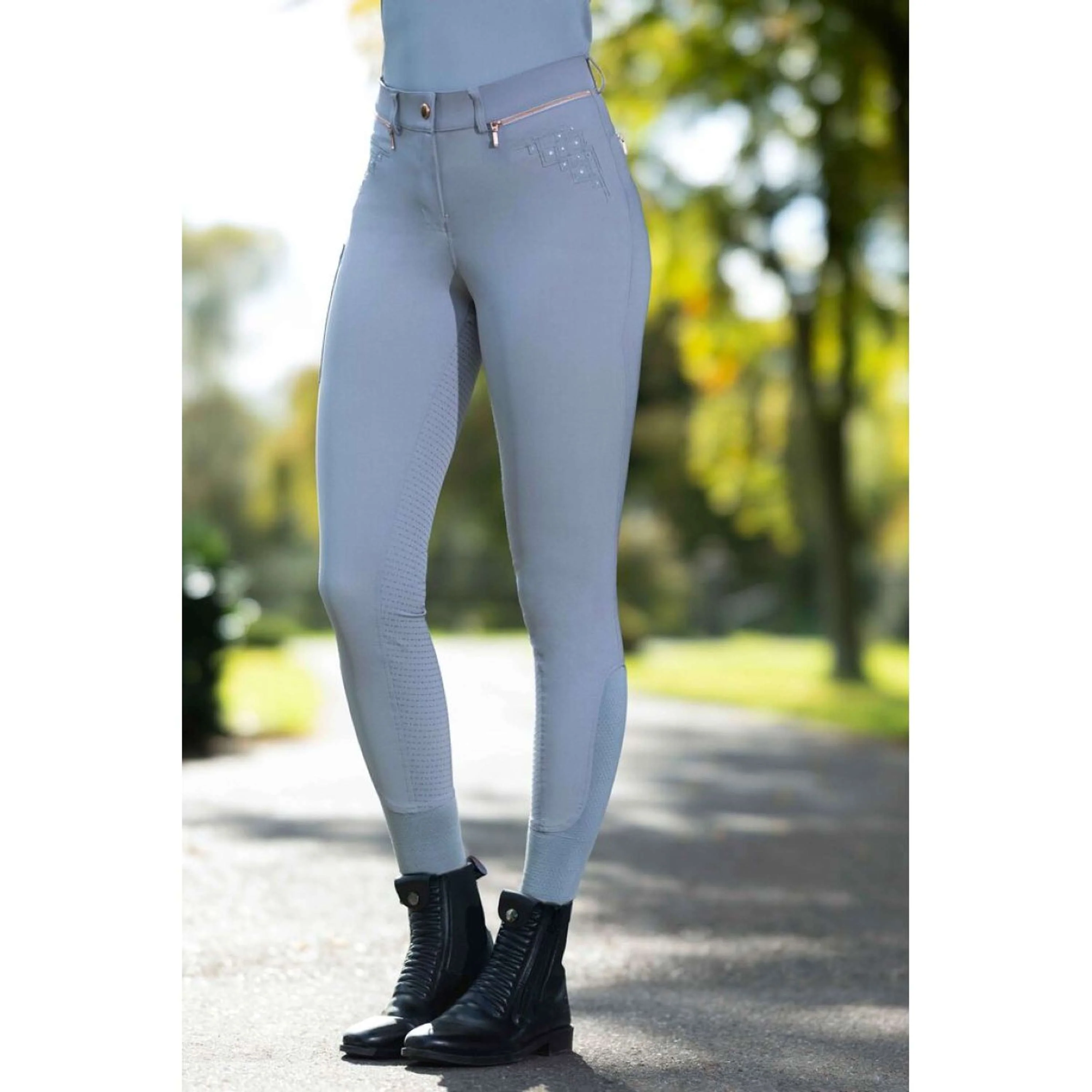 HKM Pantalon d'Équitation Rosegold Sparkle Full Grip Gris/Or Rose - Image 2