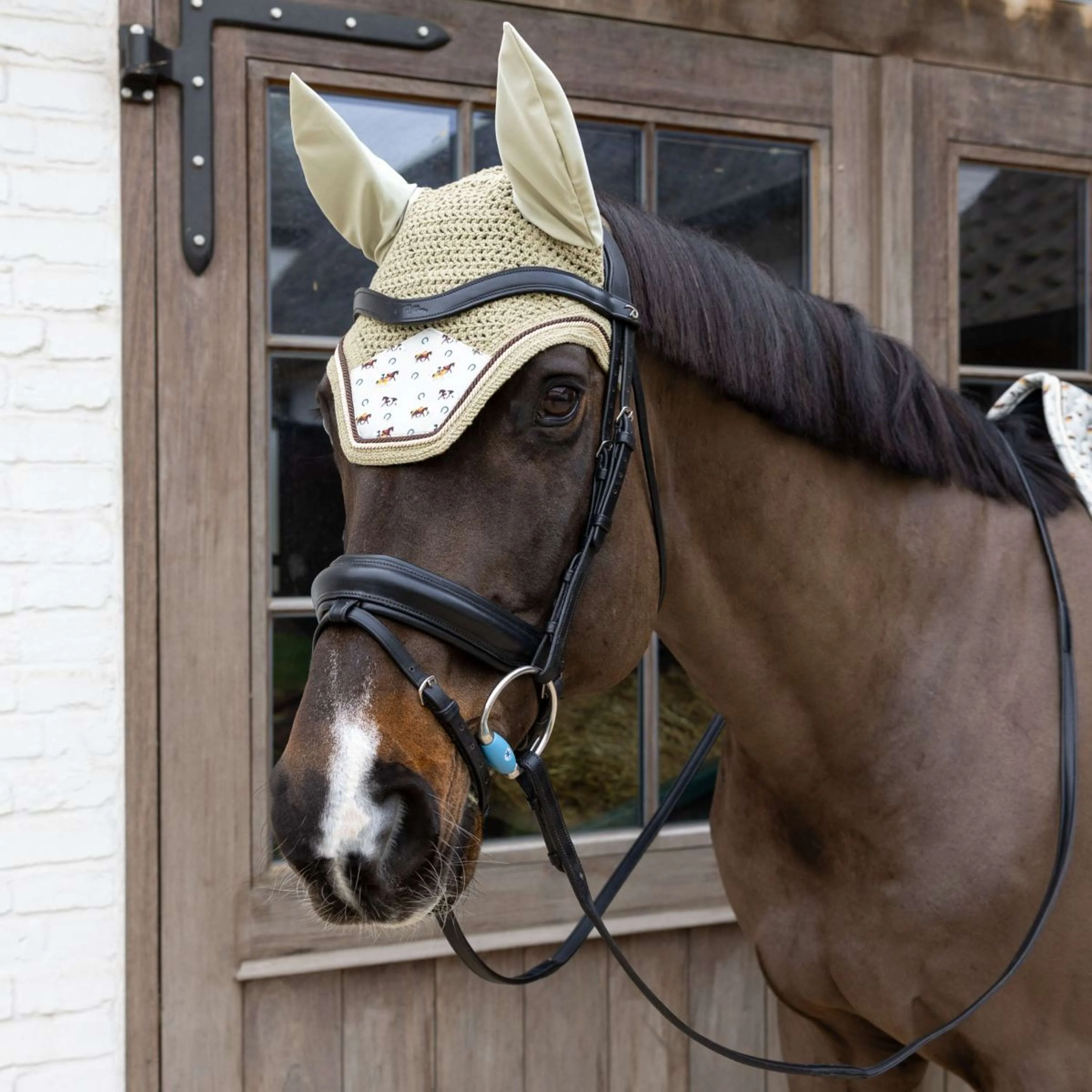 Kentucky Bonnet Anti-Mouches Wellington Velvet Horse Printing Beige - Image 2