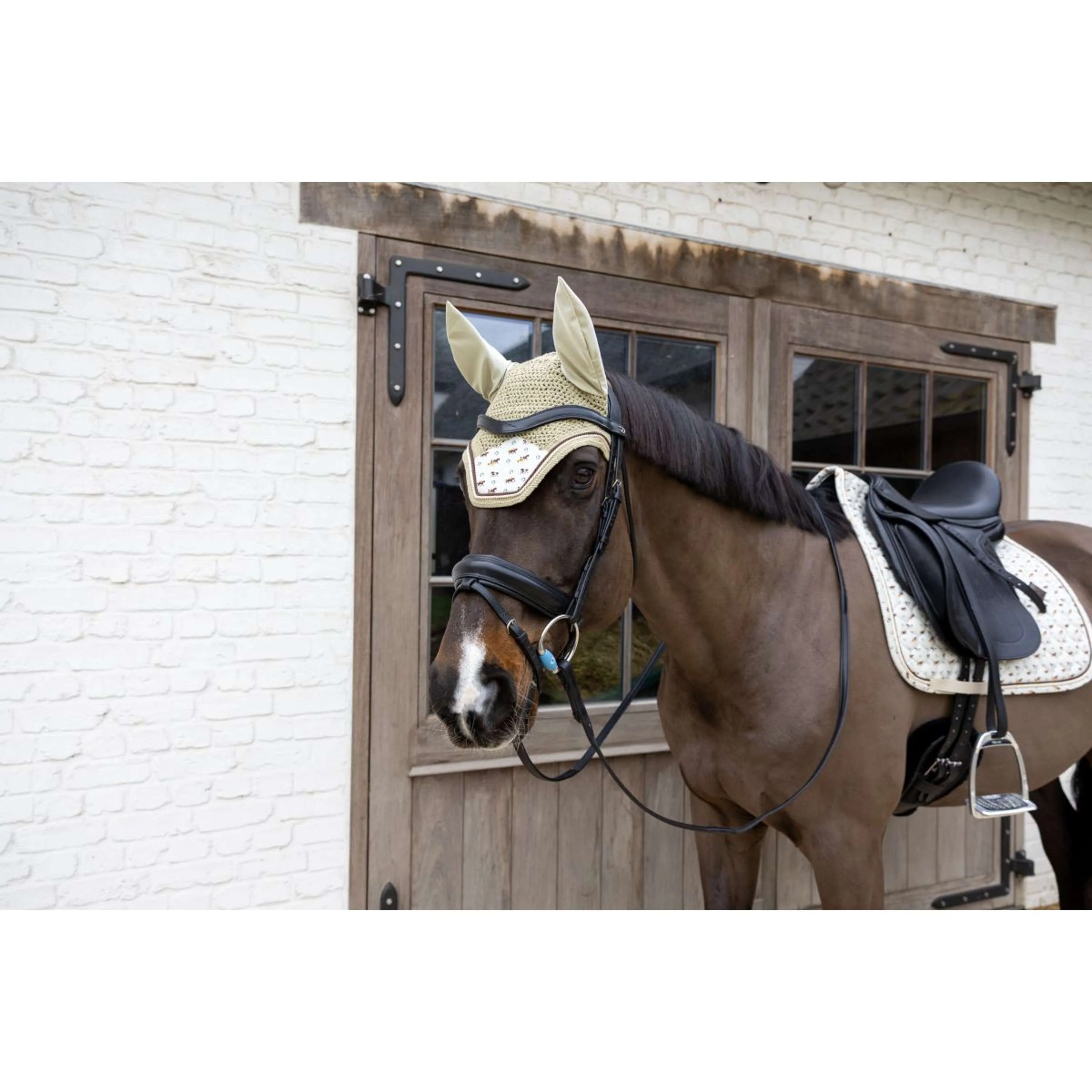 Kentucky Bonnet Anti-Mouches Wellington Velvet Horse Printing Beige - Image 4