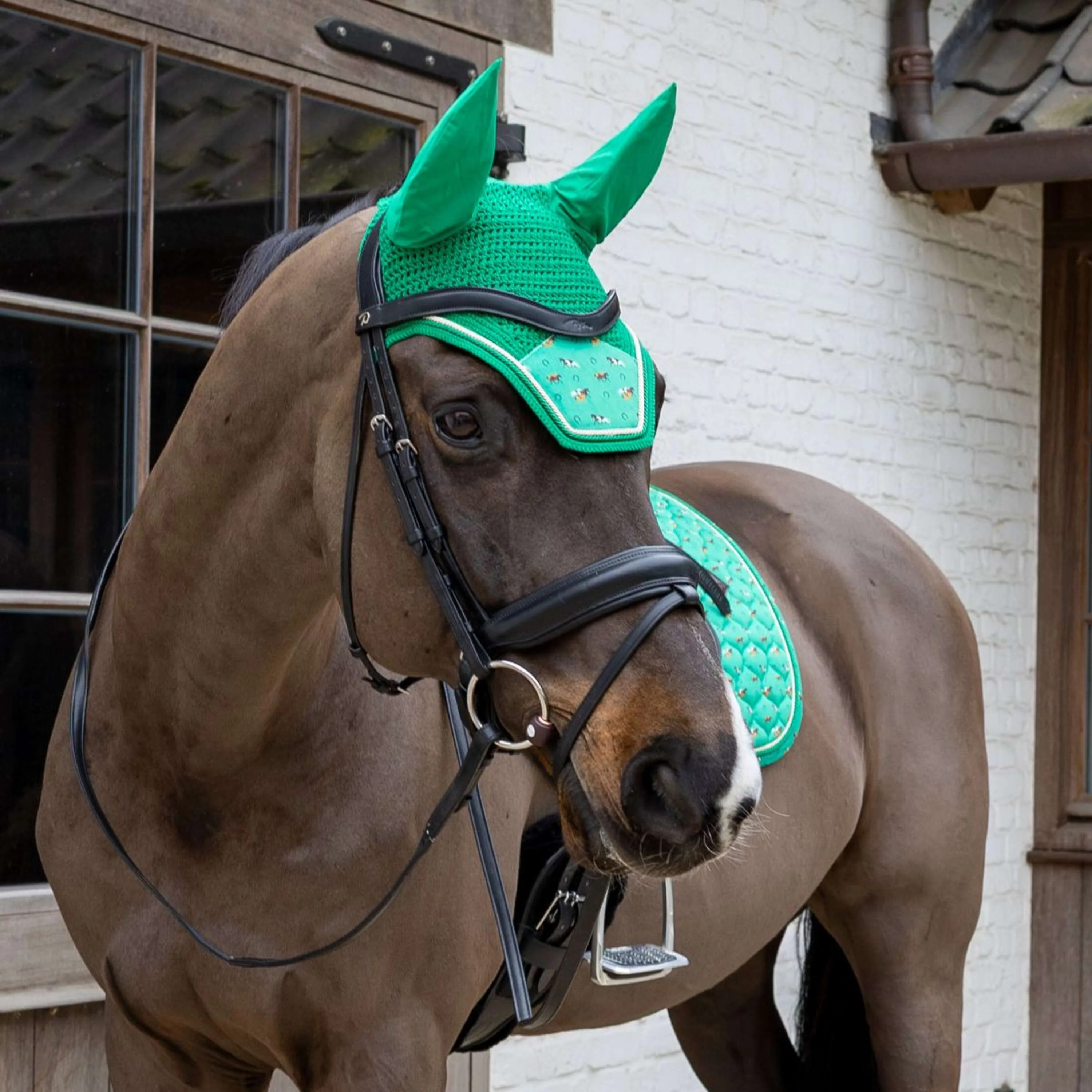 Kentucky Bonnet Anti-Mouches Wellington Velvet Horse Printing Vert - Image 2